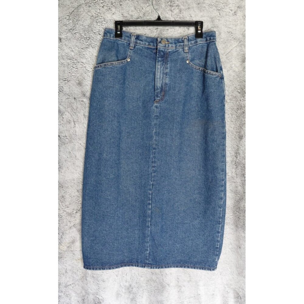 Vtg Vivaldi Jeanswear Denim Midi Skirt Sz 14 Straight Pockets Modest Back Slit